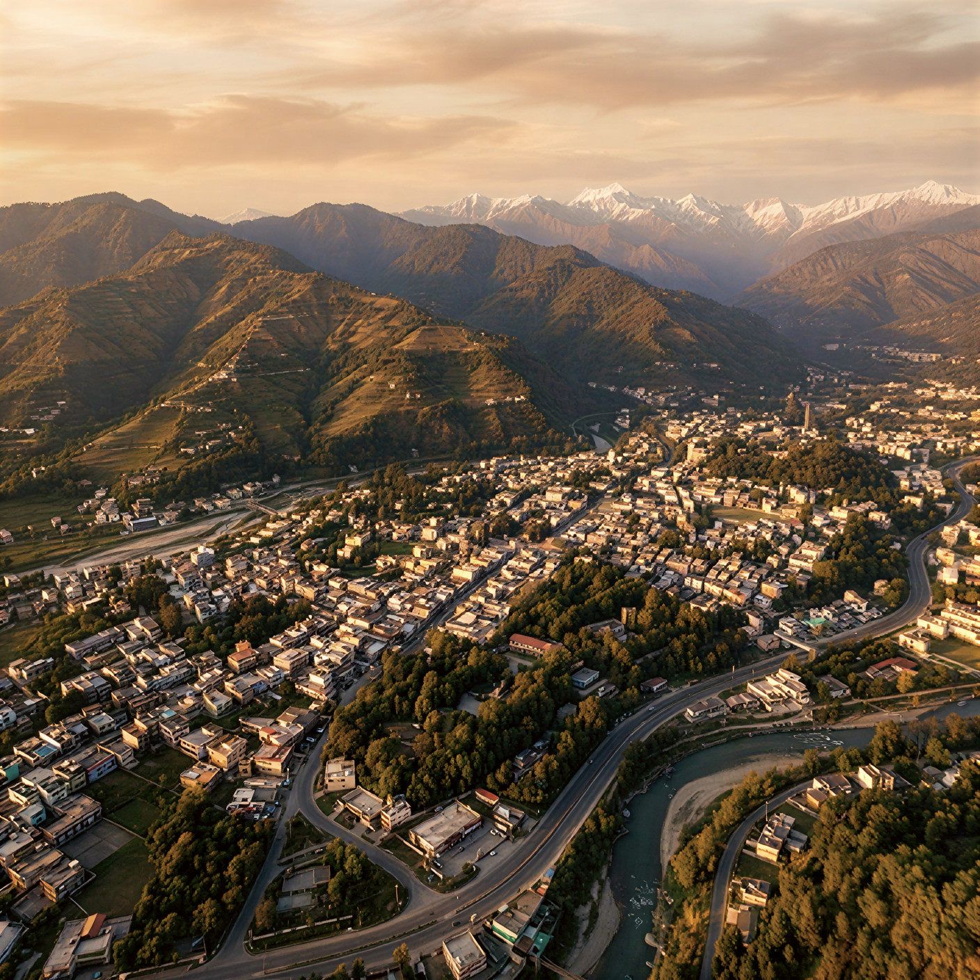 Aerial view of Haldwani at golden hour with Himalayan mountains